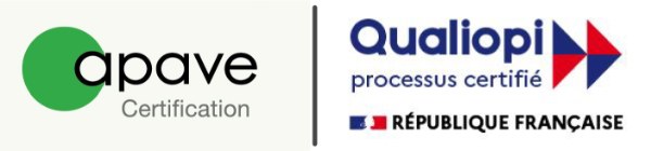 Apave Certification and Qualiopi certified process logos with République Française branding