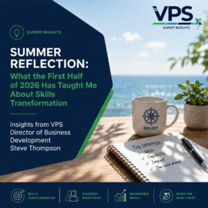 Linkedin Banner - VPS Learning Cover image for a VPS Expert Insights report: 'Summer Reflection'—What the First Half of 2026 Has Taught Me About Skills Transformation, by Steve Thompson, with an ocean backdrop and desk items.