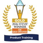 Gold Stevie Award emblem: figure raising a yellow trophy with laurel branches, text reads 'GOLD 2026 Stevie Winner For Great Employers' and a blue banner 'Product Training'.