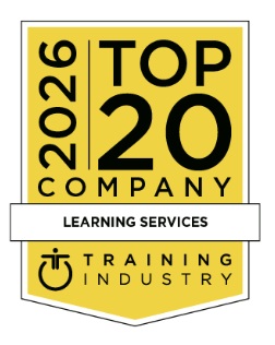 Award badge: Training Industry Top 20 Company 2026 for Learning Services (yellow badge with black text)