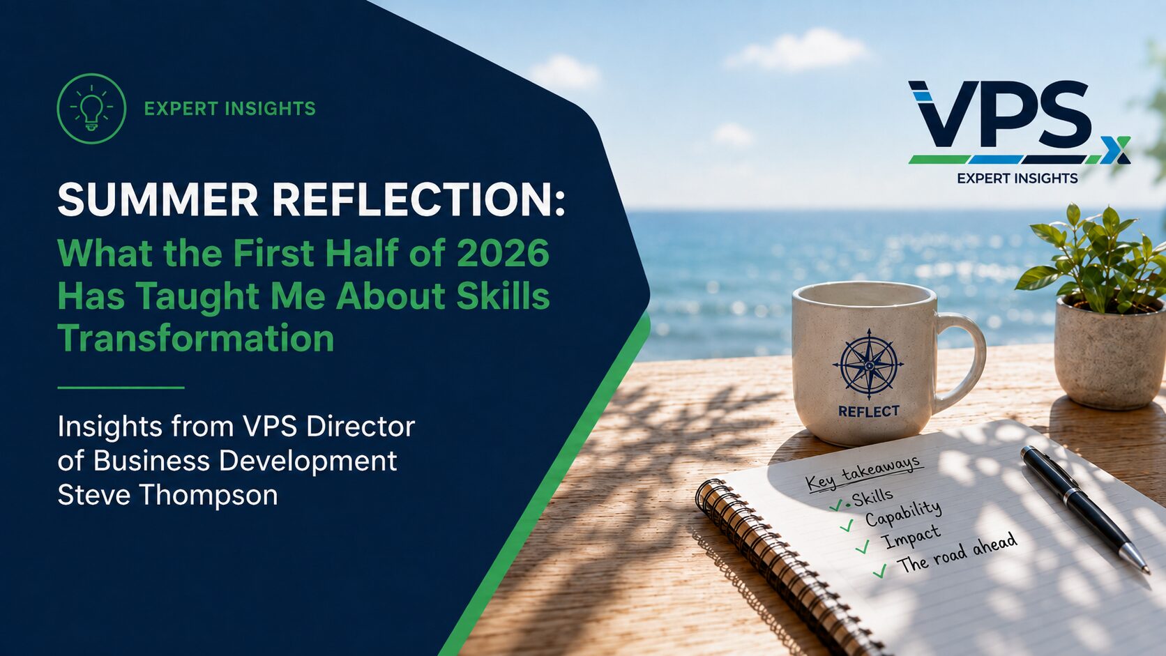 Promotional banner for 'Summer Reflection' article by VPS Expert Insights; ocean backdrop with a dark panel, mug, plant, and notebook on a desk.