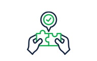 icon-last - VPS Learning Two hands hold a puzzle piece with a green checkmark circle above, symbolizing teamwork and problem solving.