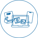 Modality-Matched Delivery3x - VPS Learning Blue circular icon featuring a laptop with photos on the screen, flanked by a tablet and a smartphone, representing photo sharing across devices.