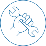 Performance Support Design3x - VPS Learning Blue line icon of a hand gripping a wrench inside a circle, symbolizing maintenance or repair services.