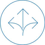 Workforce Transition Programs3x - VPS Learning Circular icon with three arrows diverging from a central stem, representing branching or distribution (share/split).